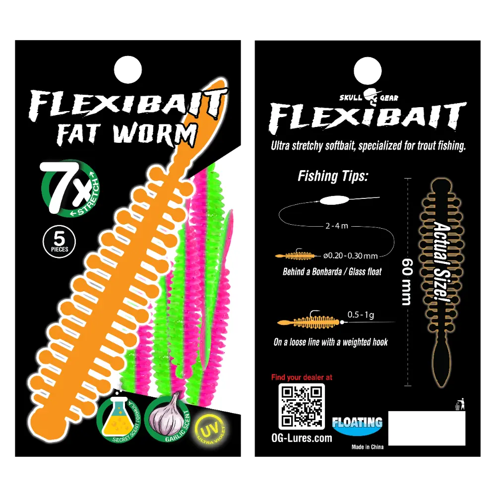 OGlures - Skull Gear Flexibait Fat Worm 5pak Garlic Green Pink - Put & Take