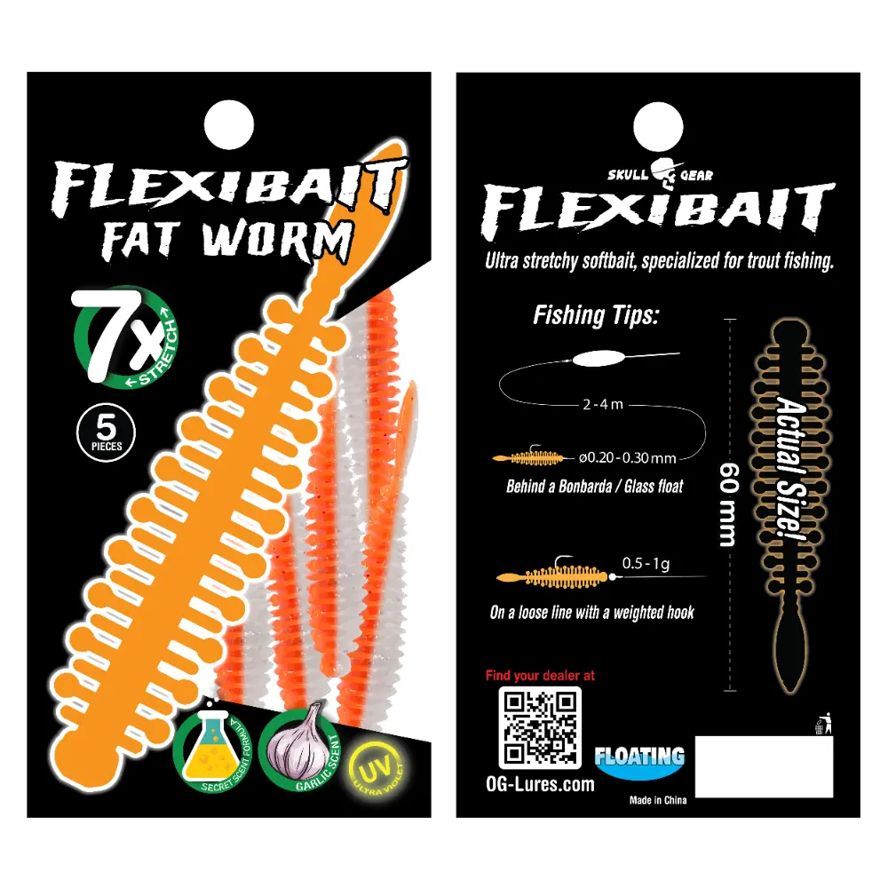 OGlures - Skull Gear Flexibait Fat Worm 5pak Garlic Orange White - Put & Take