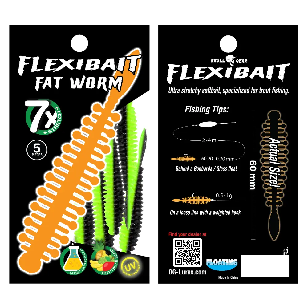 OGlures - Skull Gear Flexibait Fat Worm 5pak Tutti Frutti Black Chartreuse - Put & Take