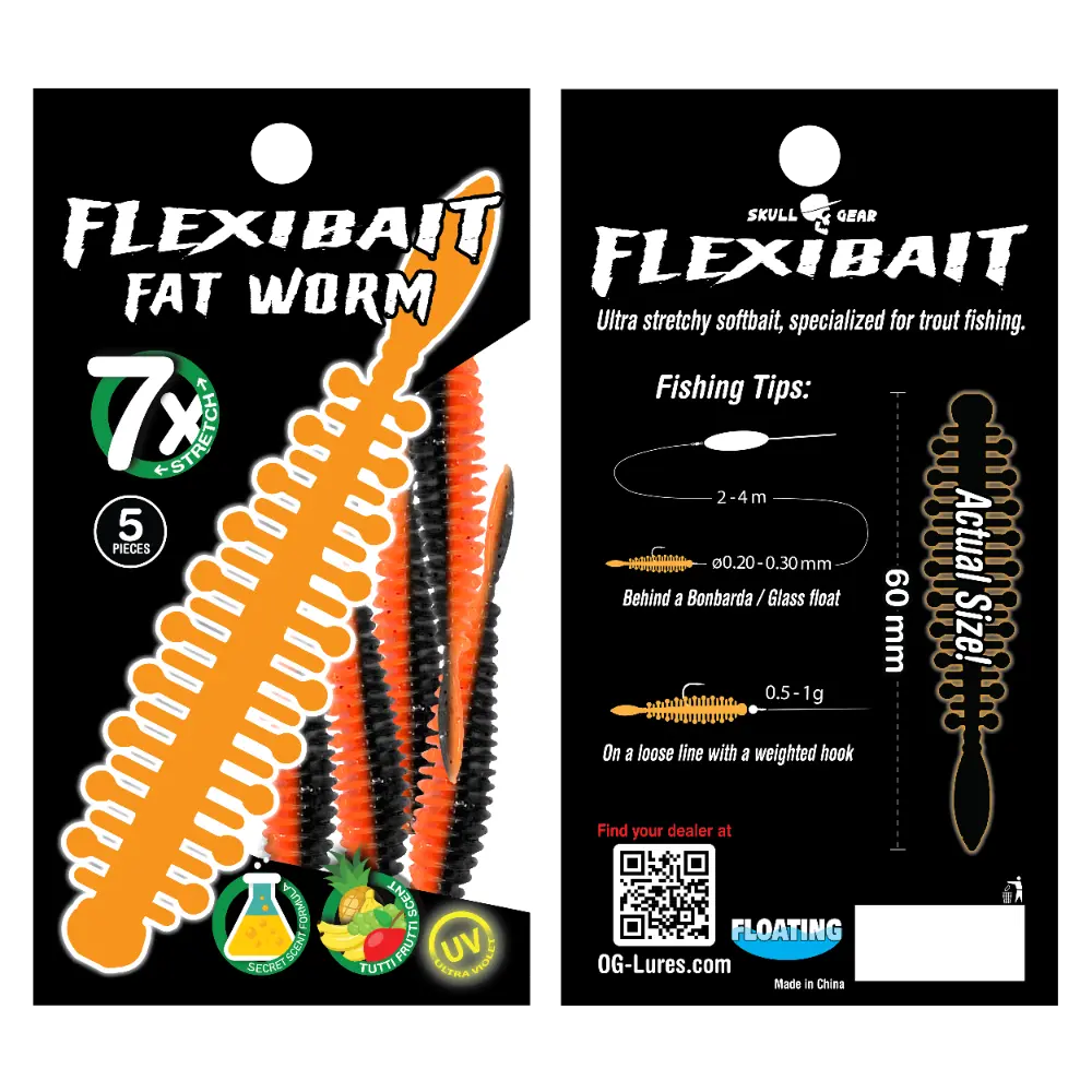 OGlures - Skull Gear Flexibait Fat Worm 5pak Tutti Frutti Black Orange - Put & Take