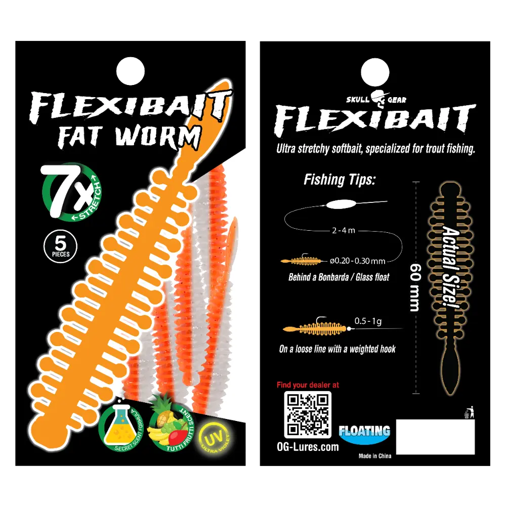 OGlures - Skull Gear Flexibait Fat Worm 5pak Tutti Frutti Orange White - Put & Take