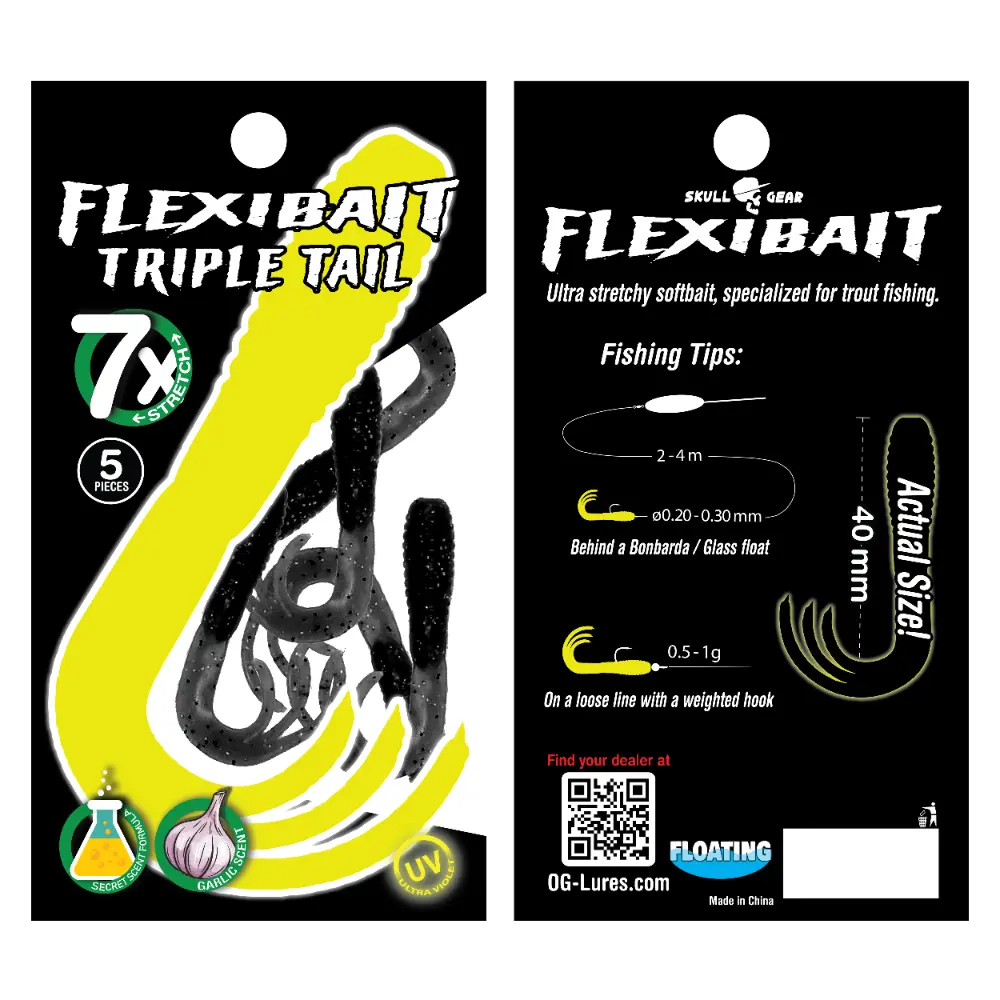 OGlures - Skull Gear Flexibait Triple Tail 5pak Garlic Black - Put & Take