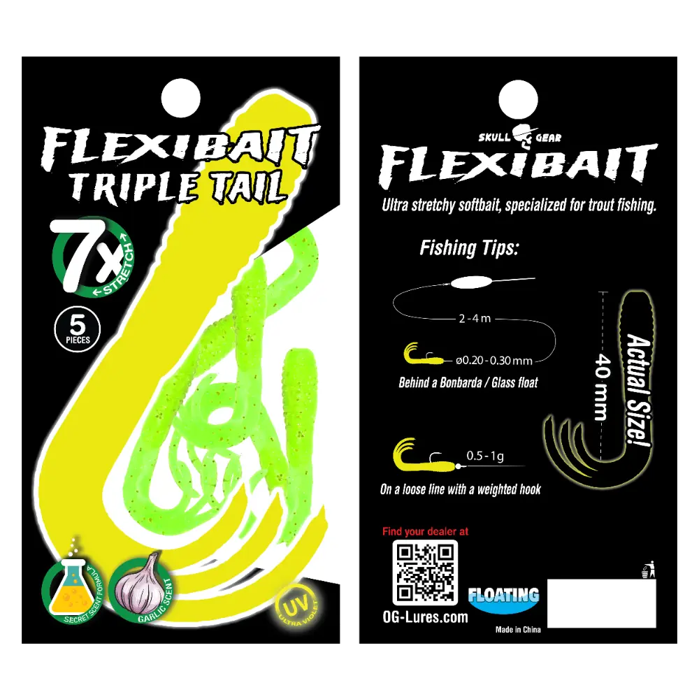 OGlures - Skull Gear Flexibait Triple Tail 5pak Garlic Chartreuse - Put & Take