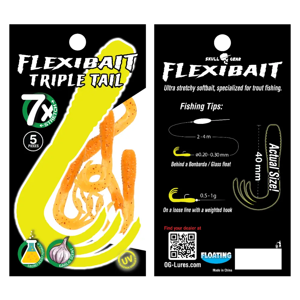OGlures - Skull Gear Flexibait Triple Tail 5pak Garlic Orange - Put & Take