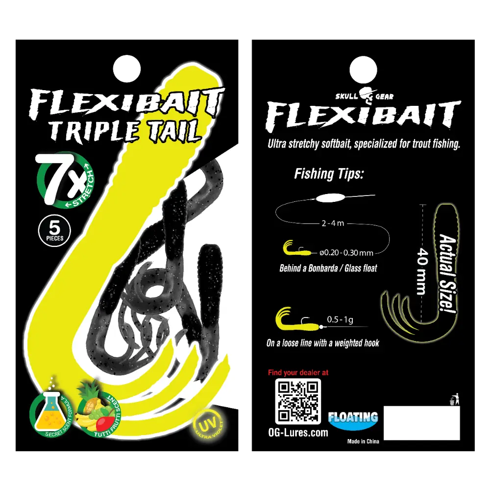 OGlures - Skull Gear Flexibait Triple Tail 5pak Tutti Frutti Black - Put & Take
