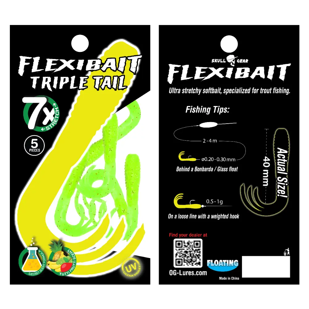 OGlures - Skull Gear Flexibait Triple Tail 5pak Tutti Frutti Chartreuse - Put & Take