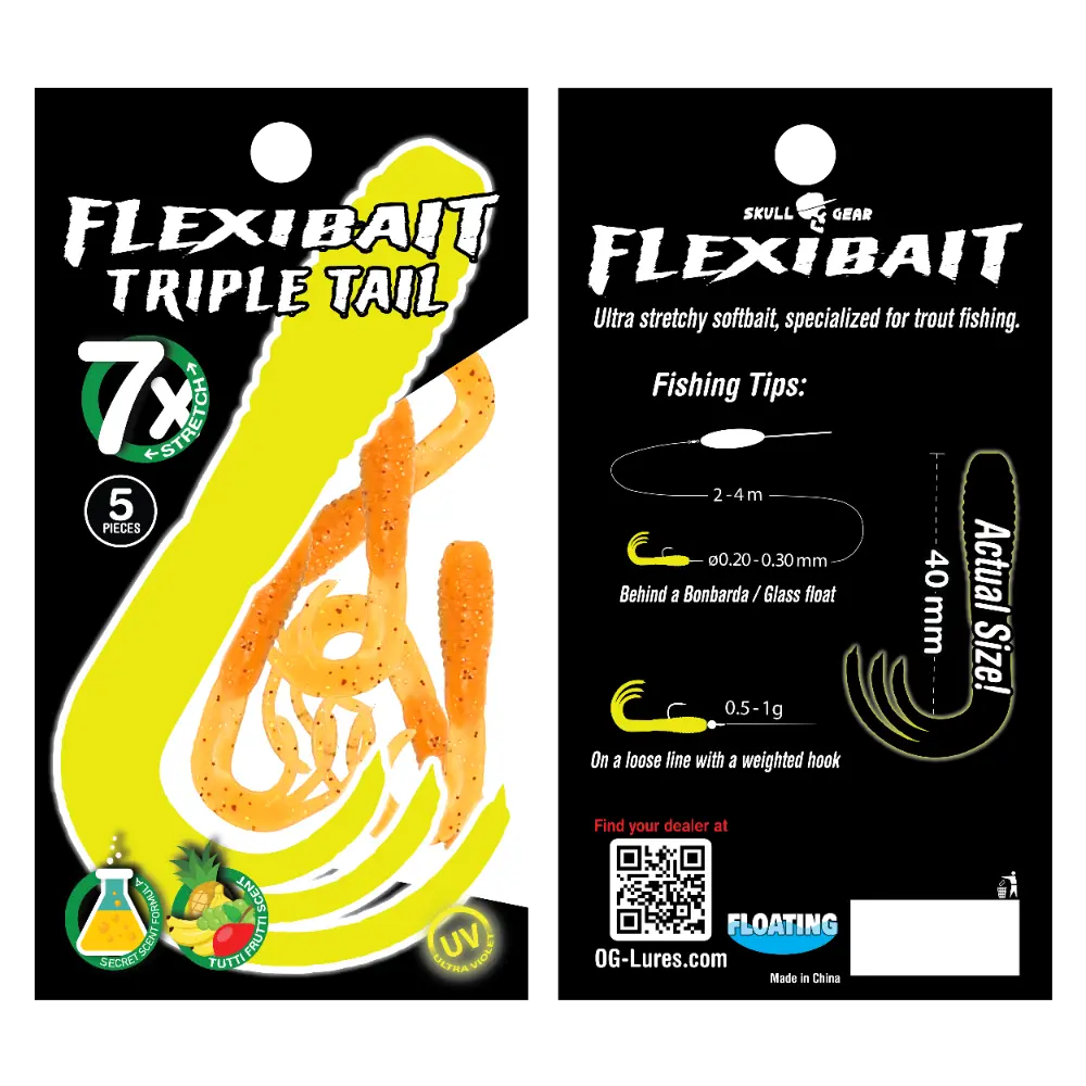 OGlures - Skull Gear Flexibait Triple Tail 5pak Tutti Frutti Orange - Put & Take
