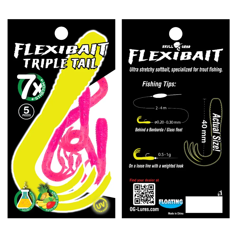 OGlures - Skull Gear Flexibait Triple Tail 5pak Tutti Frutti Pink - Put & Take