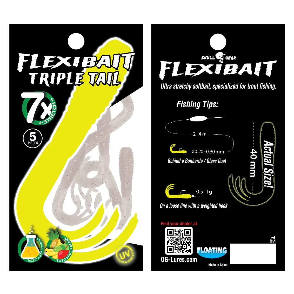 OGlures - Skull Gear Flexibait Triple Tail 5pak Tutti Frutti White - Put & Take