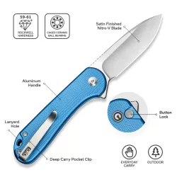 CIVIVI Elementum II Button Lock Blue Aluminum Satin Finished Nitro-V Blade