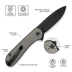CIVIVI Elementum II Button Lock Gray Aluminum Black Stonewashed Nitro-V Blade